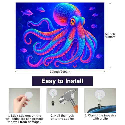 Blacklight Tapestry Octopus Ocean Glow Backdrop 78 x 59 Inch