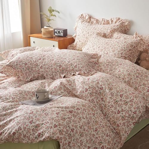 Pink Flower Comforter Set Queen Floral Printed Aesthetic Bedding Set Vintage Garden Style Floral Comforter with 2 Pillowcases Girls Cute Flower Botanical Bedding Queen Bed Comforter Set