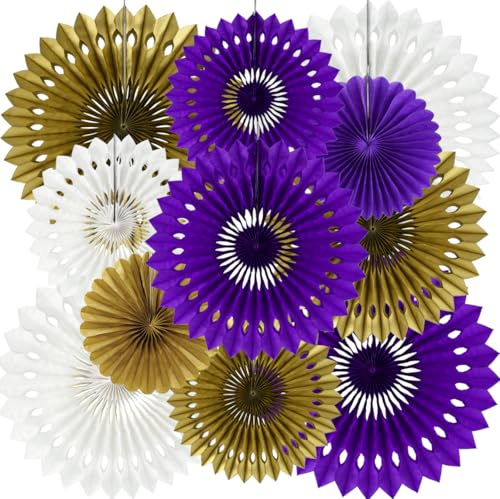 Honeycomb Round Paper Fans Purple Gold Hanging Party Decoration (11 Count)