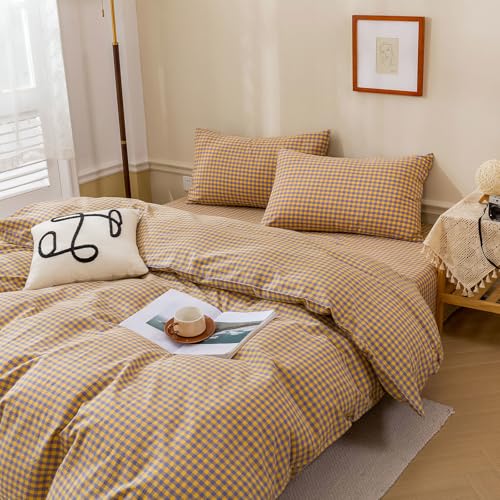 Gingham Comforter Set King Modern Style Checkered Plaid Printed Bedding Comforter Set 3 Pieces Boho Grid Comforter King Fluffy Soft Purple Yellow Gingham Bedding Comforter with 2 Pillowcases
