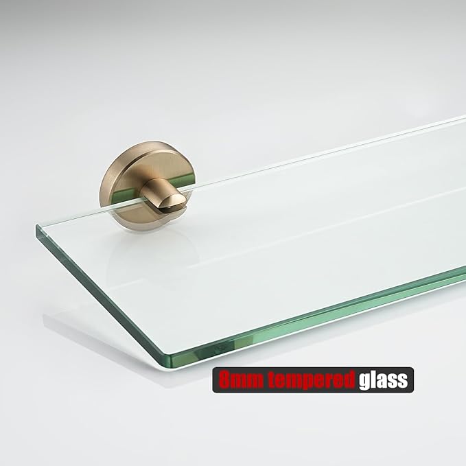 JQK Bathroom Glass Shelf, Floating Tempered Glass Shower Storage 16 by 5 inches, 304 Stainless Steel Champagne Bronze Wall Mount, TGS101L16-CB