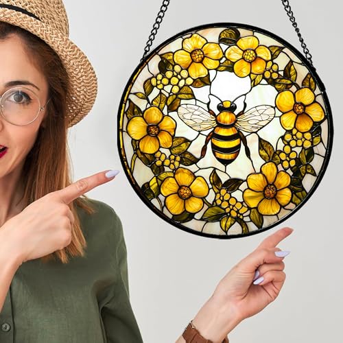 Bee Wreath Stained Glass Window Hanging Suncatcher Gifts for Women 12"