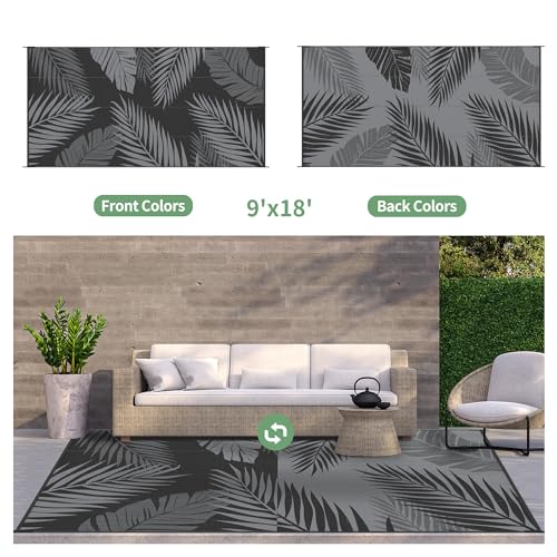 Outdoor Rug Waterproof Plastic Rugs 9'x18' for Camping Black Grey
