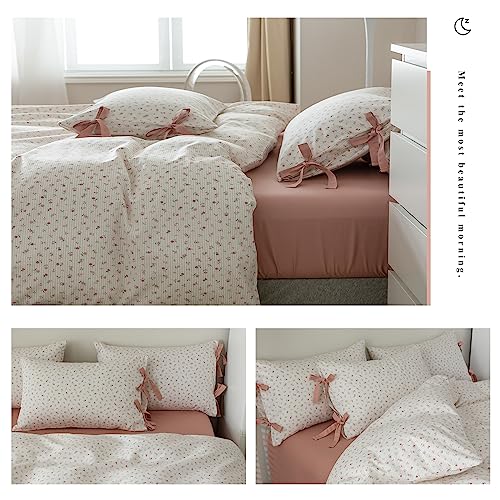 King Size Comforter Set Garden Style Pink White Floral Comforter Set Cozy Aesthetic Bedding Cottagecore Comforter Vintage Botanical Flower Comforter with 2 Bow Ties Pillowcases Fluffy Bed Set