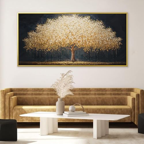 Gold Framed Wall Art Gold Tree Of Life Artwork Canvas Art Wall Decor Painting Prints Gold Tree Large Abstract Wall Decor Picture For Living Room Bedroom Home Office Artwork 29"X 58"
