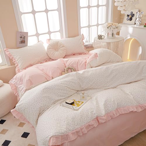 Reversible Ruffle Comforter Set King Vintage Botanical Floral Comforter Set White Coquette Bedding Cottagecore Pink Flower Comforter with 2 Pillowcases Floral Boho Bedding Comforter for King Bed