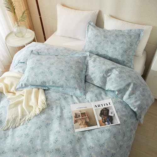 Blue Floral Comforter Set King Size Vintage Flower Botanical Comforter with 2 Pillowcases Fluffy Soft Aesthetic Floral Cottagecore Bedding Set Chic Flower Leaves Pattern King Comforter Set