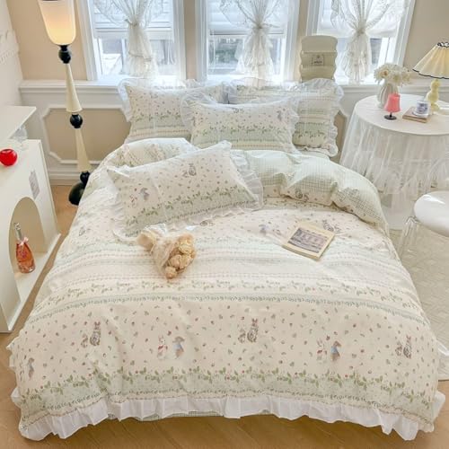 Botanical Floral Comforter Set Full Size Cute Flower Leaves Rabbit Pattern Comforter Reversible Green Plaid Comforter Girls Princess Bedding Set Lace Ruffle Comforter Set for Kids Teen Girls (3 Count)