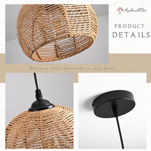 2 Pack Wicker Pendant Light Natural Woven Pendant Light Boho Chandelier Light Fixture Dome Rustic Farmhouse Pendant Lights Rattan Light Fixture for Kitchen Island Dining Room