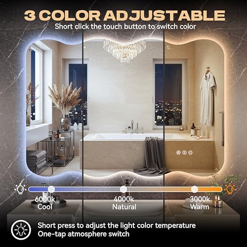 40"x32" Wavy Mirror with Lights Frameless Backlit LED Wall Mirror