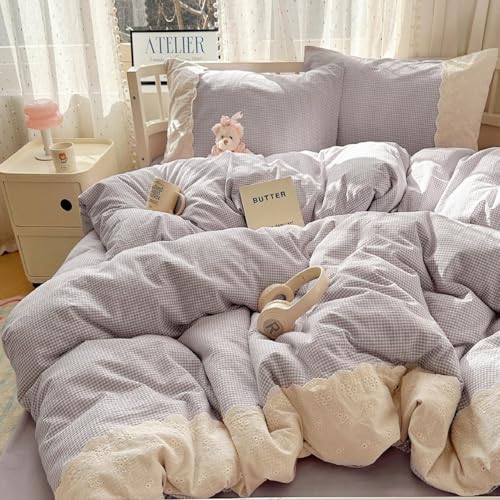 Purple Gingham Comforter Set Twin XL Fluffy Soft Princess Style Girls Lace Bedding Set Cottagecore Cute Plaid Checkered Comforter with 2 Pillowcases Chic Gingham Bedding Grid Comforter Set