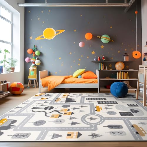 Kids Play Road Cityscape Playroom Area Rug Cream 5' x 7'