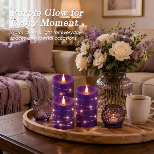 Purple Flameless Candles with String Lights