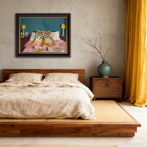Framed Funny Tiger Pizza Wall Art Dark Brown Frame Bedroom Picture Print Vintage Fun Tigers Couple Canvas Wall Decor Maximalist Blue Pink Eclectic Jungle Animal Paintings