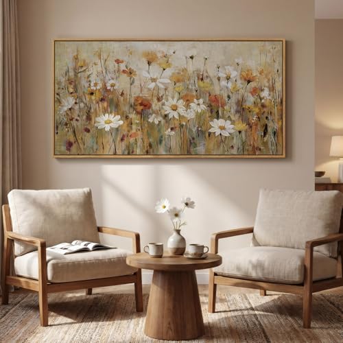 Large Framed Vintage Neutral Floral Wall Art for Living Room