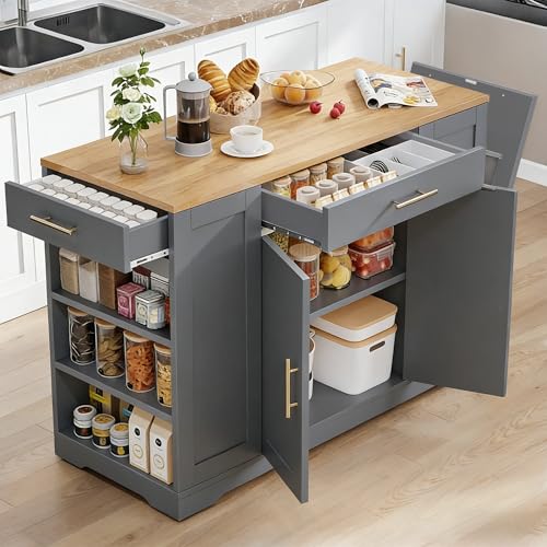 53 Inch Movable Kitchen Island with Trash Can Storage Cabinet