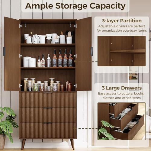 Fluted Tall Cabinet Kitchen Pantry with Adjustable Shelves