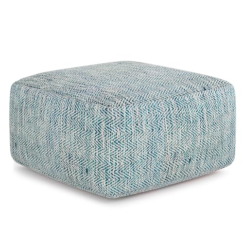 Nate 20" Wide Square Pouf in Light Teal Handwoven Cotton