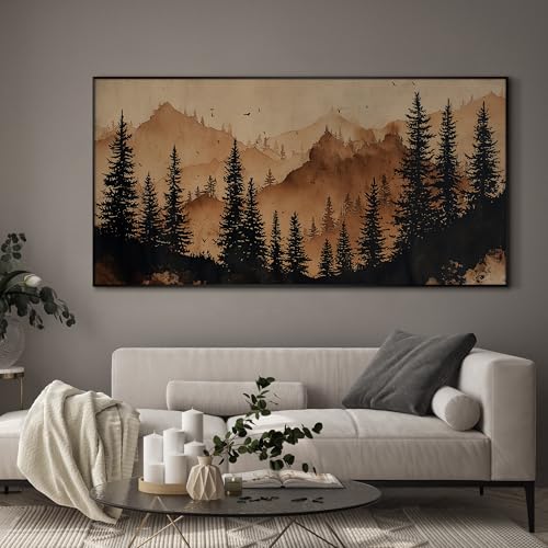 36"x72" Extra Large Framed Wall Art Rustic Mountain Pine Forest Silhouette in Warm Earth Tones for Home Living Room Bedroom Decor