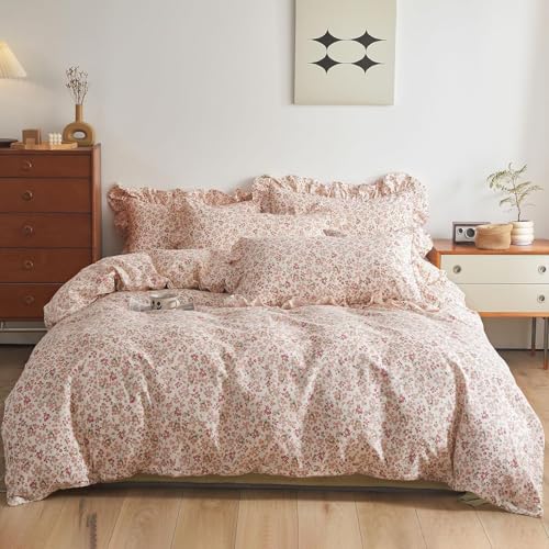 Pink Flower Comforter Set Queen Floral Printed Aesthetic Bedding Set Vintage Garden Style Floral Comforter with 2 Pillowcases Girls Cute Flower Botanical Bedding Queen Bed Comforter Set