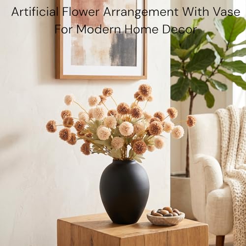 12 Stems Fake Mum Flowers with Black Vase for Home Decor (12 Count)