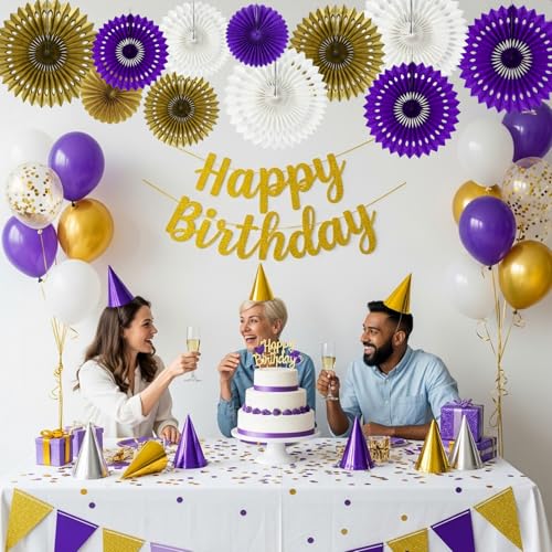 Honeycomb Round Paper Fans Purple Gold Hanging Party Decoration (11 Count)