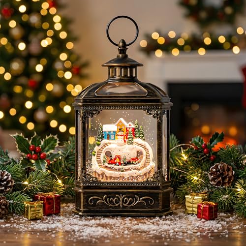 Christmas Village Snow Globe Lantern Musical Lighted Mountain Village Snowman & Train Water Lantern in Swirling Glitter