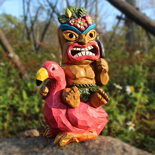 Solar Tiki Garden Statue Outdoor Decor with Flamingo Waterproof for Tiki Bar