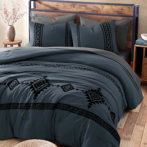 Embroidery King Size Comforter Set 7 Pieces Blue Grey Bed in a Bag