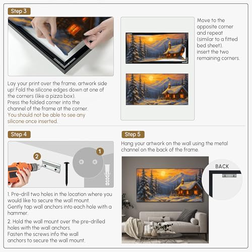 24"x46" Extra Large Framed Wall Art Cozy Cabin in Snowy Mountain Landscape at Sunset for Home Living Room Bedroom Decor