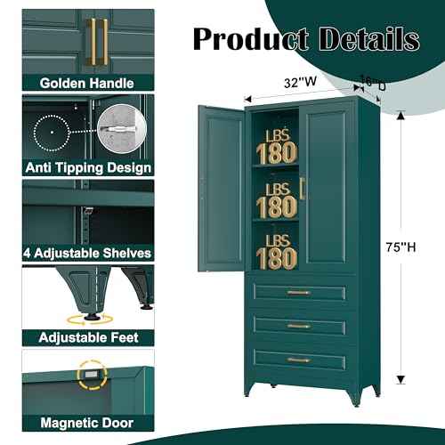 75" Metal Storage Cabinet with Doors and 2 Adjustable Shelves