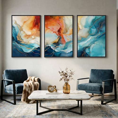 Large Framed Blue Orange Abstract Wall Art for Living Room (3 Count)