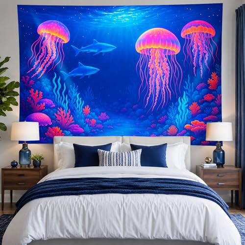 Blacklight Tapestry Jellyfish Shark Wall Art 78 x 59 Inch