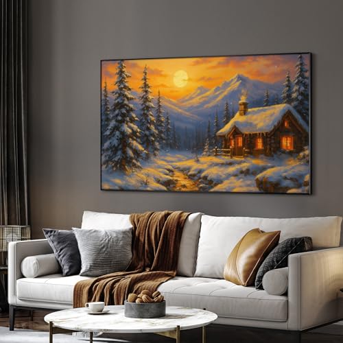 30"x60" Extra Large Framed Wall Art Cozy Cabin in Snowy Mountain Landscape at Sunset for Home Living Room Bedroom Decor