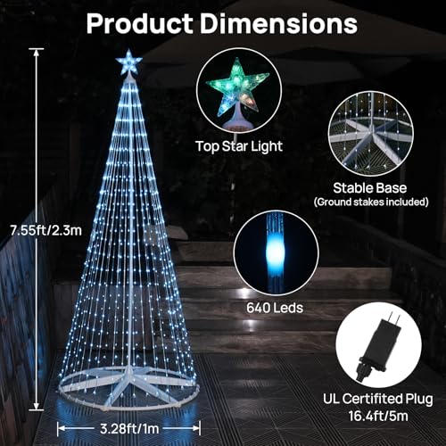 7.5ft Outdoor Christmas Cone Tree Lights with 640 Smart LED Lights & Star Topper Remote & APP Control Color Changing Timer & Music Sync Weatherproof Artificial Xmas Decoration for Yard