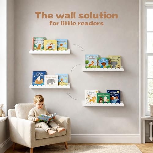 White Scalloped Nursery Shelves for Wall (4 Count)