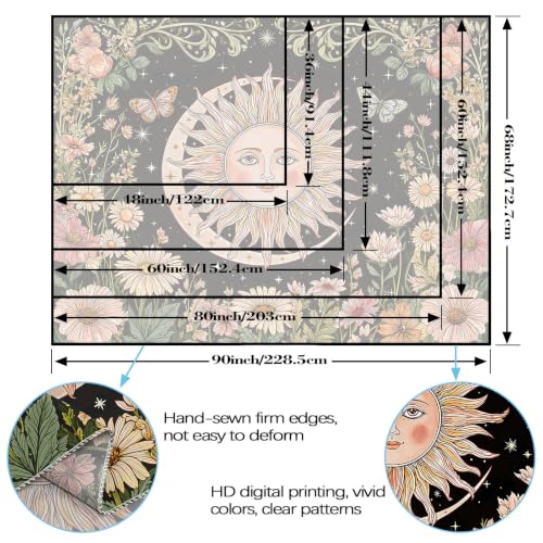 Boho Vintage Sun and Moon Hippie Floral Tapestry 60x44 Inch