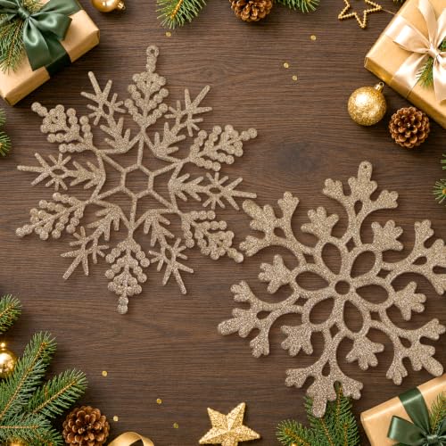12pcs Large Champagne Gold Snowflakes Ornaments 12” Big Plastic Glitter Snowflake for Winter Indoor Outdoor Christmas Tree Window Room Decorations Giant Craft Snowflakes (12 Count)