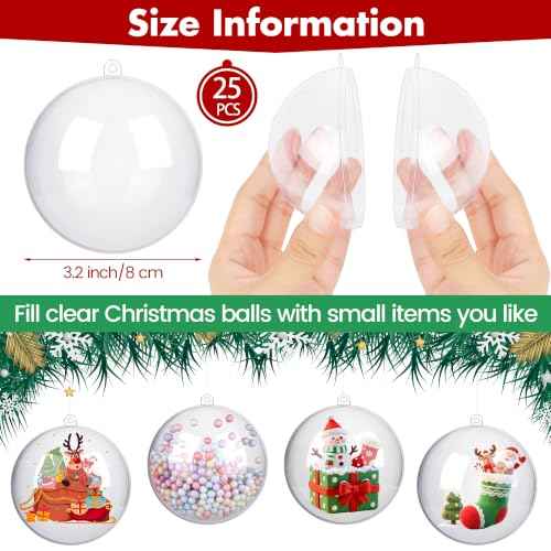 25 Pieces 3.2 Inch Christmas Clear Plastic Fillable Ball Ornaments DIY Craft Transparent Baubles Shatterproof Christmas Tree Hanging Ornaments for Xmas New Year's Birthday Wedding Home Decor (50 Count)