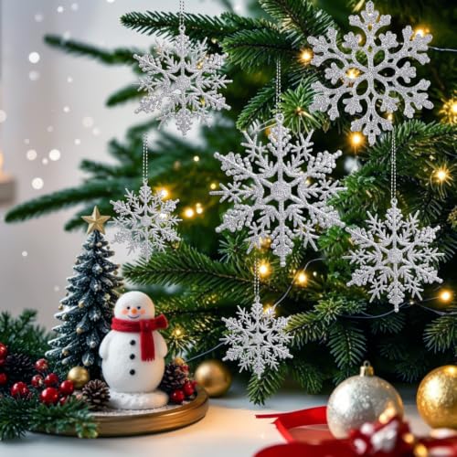 Glitter Christmas Silver Plastic Snowflake Ornaments for Winter Holiday (60 Count)