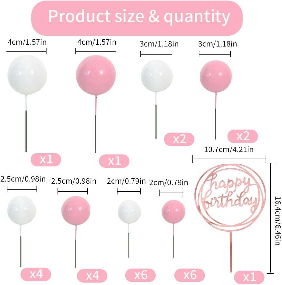 BEISHIDA 27 PCS Pink and White Ball Cake Topper Mini Balloons Cake Toppers Foam Ball Cupcake Toppers Happy Birthday Cake Insert Pick DIY for Anniversary Wedding Cake Decorations Baby Shower Party