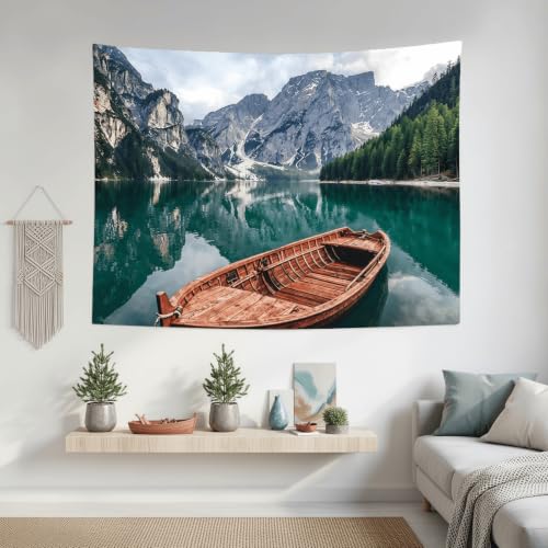 Nature Mountain Lake Boat Tapestry 48x36 Inch
