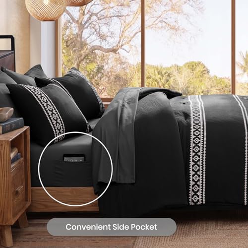 Embroidery King Size Comforter Set 7 Pieces Black Bed in a Bag