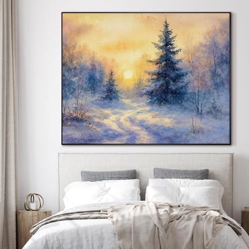 60"x72" Extra Large Framed Wall Art Winter Sunrise in Snowy Pine Forest Watercolor Style for Home Living Room Bedroom Decor