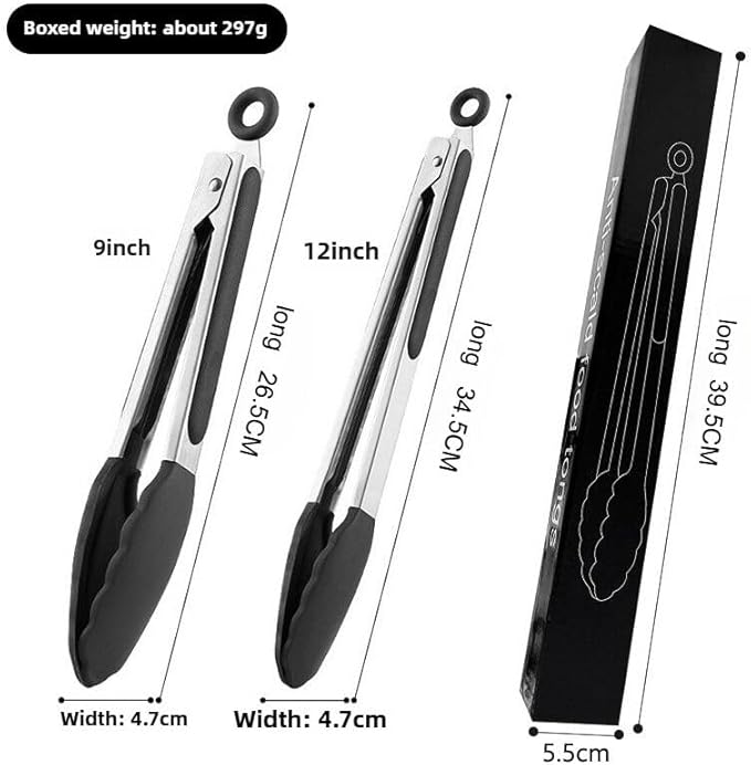 Silicone Kitchen Tongs for Cooking - 9+12 Inch Heat-Resistant Stainless Steel Cooking Tongs with Non-Slip Handle, Non-Scratch Tips for, BBQ, Salad & Air Fryer - 2-PieceRedSet