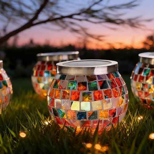 6 Pack Gift for her him Landscape Lighting Path Lights Heavy Solar Mosaic Lantern with RGB Color (6 Count)