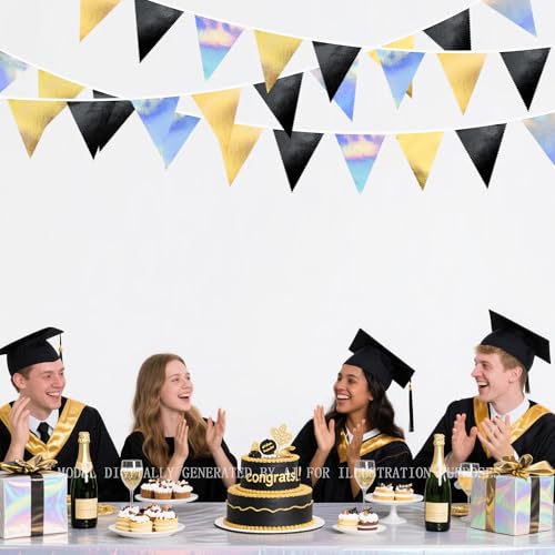 Black Gold Iridescent Party Decorations Triangle Pennant Banner Flag Metallic Fabric Bunting for Birthday Graduation Retirement Wedding Bridal Shower Engagement Bachelorette Disco Party Supplies (32 Foot)