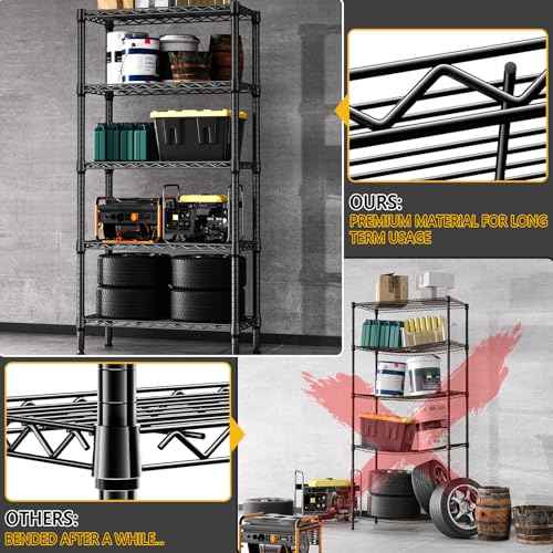 1250 lbs 5 Tier Shelf Metal Storage Shelves Wire Rack Closet Organizers for Garage Kitchen Bathroom Laundry Black 11.8" D x 29.5" W x 59.5" H (5 Count)