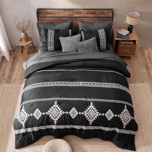 Embroidery King Size Comforter Set 7 Pieces Black Bed in a Bag