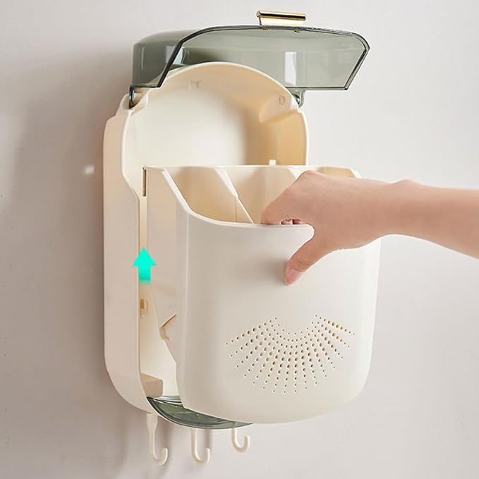 Wall Mounted Cutlery Holder - Kitchen Utensil Storage Box with Lid - Chopstick Container - Dustproof Spoon and Chopstick Organizer - Drain Racks
